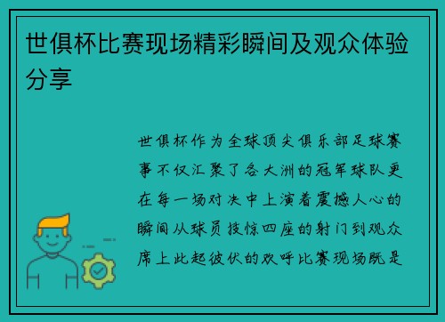 世俱杯比赛现场精彩瞬间及观众体验分享