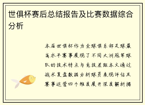 世俱杯赛后总结报告及比赛数据综合分析