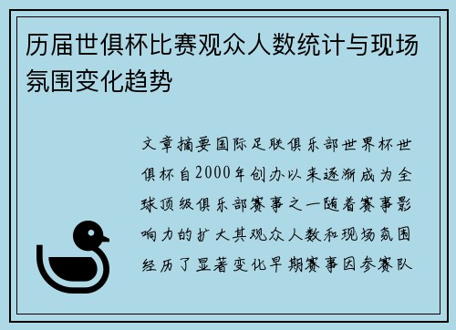 历届世俱杯比赛观众人数统计与现场氛围变化趋势
