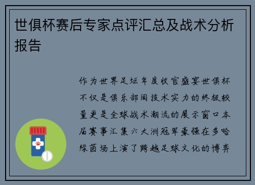 世俱杯赛后专家点评汇总及战术分析报告