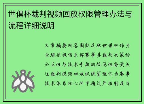 世俱杯裁判视频回放权限管理办法与流程详细说明