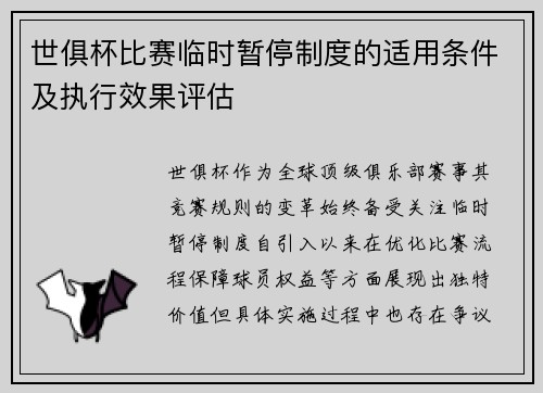 世俱杯比赛临时暂停制度的适用条件及执行效果评估
